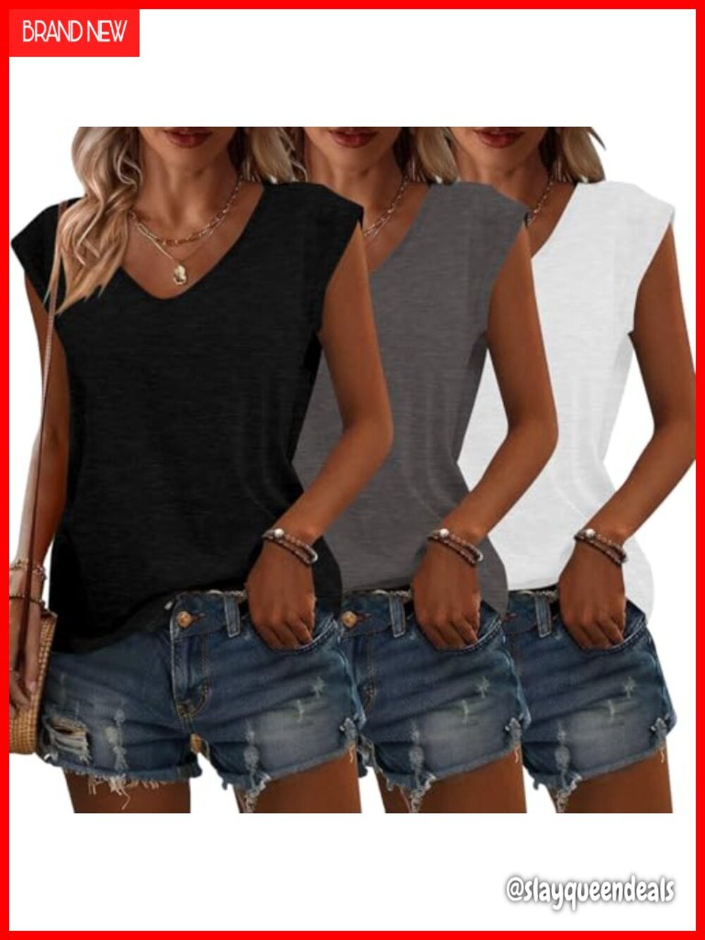 3 Pack Cap Sleeve U Neck Tops Loose Fit Summer Tees